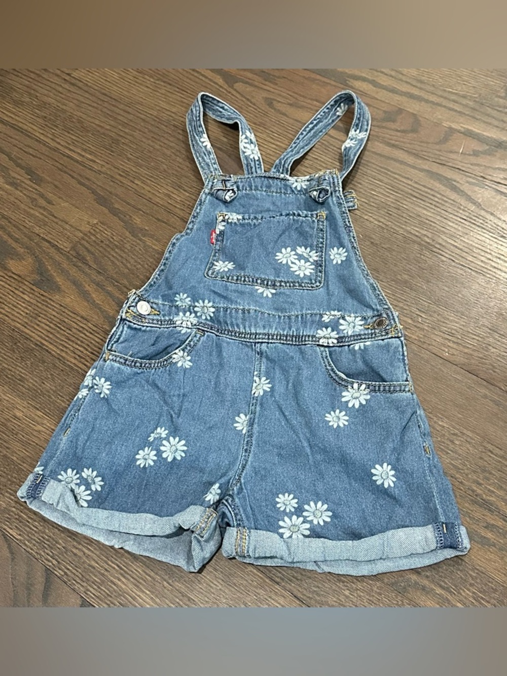 Levi's Girls' Denim Daisy Shortall Overalls - Blue with White Flowers